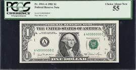 Fr. 1911-A. 1981 $1 Federal Reserve Note. Boston. PCGS Currency Choice About New 55. Fancy Serial Number.
You'll struggle to find a reason why this n...