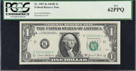 Fr. 1907-K. 1969D $1 Federal Reserve Note. Dallas. PCGS Currency New 62 PPQ. Fancy Serial Number.
Here is one of those notes that will cause the view...
