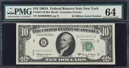 Fr. 2017-B. 1963A $10 Federal Reserve Note. New York. PMG Choice Uncirculated 64. Fancy Serial Number.
This note displays all of the characteristics ...