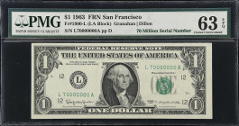 Fr. 1900-L. 1963 $1 Federal Reserve Note. San Francisco. PMG Choice Uncirculated 63 EPQ. Fancy Serial Number.
This note recently set a record price a...
