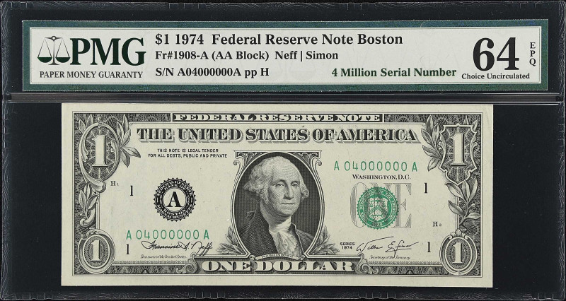 Fr. 1908-A. 1974 $1 Federal Reserve Note. Boston. PMG Choice Uncirculated 64 EPQ...