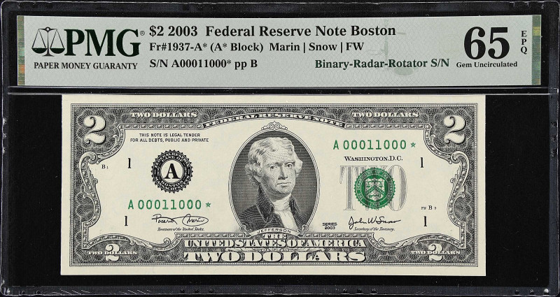 Fr. 1937-A*. 2003 $2 Federal Reserve Star Note. Boston. PMG Gem Uncirculated 65 ...