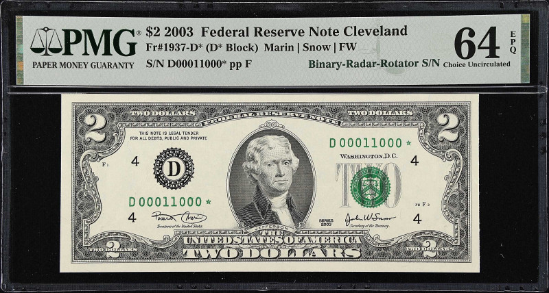 Fr. 1937-D*. 2003 $2 Federal Reserve Star Note. Cleveland. PMG Choice Uncirculat...