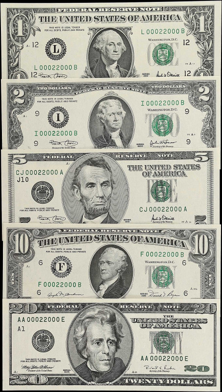 Lot of (5). 1981-2003 $1, $2, $5, $10 & $20 Federal Reserve Notes. Choice Uncirc...