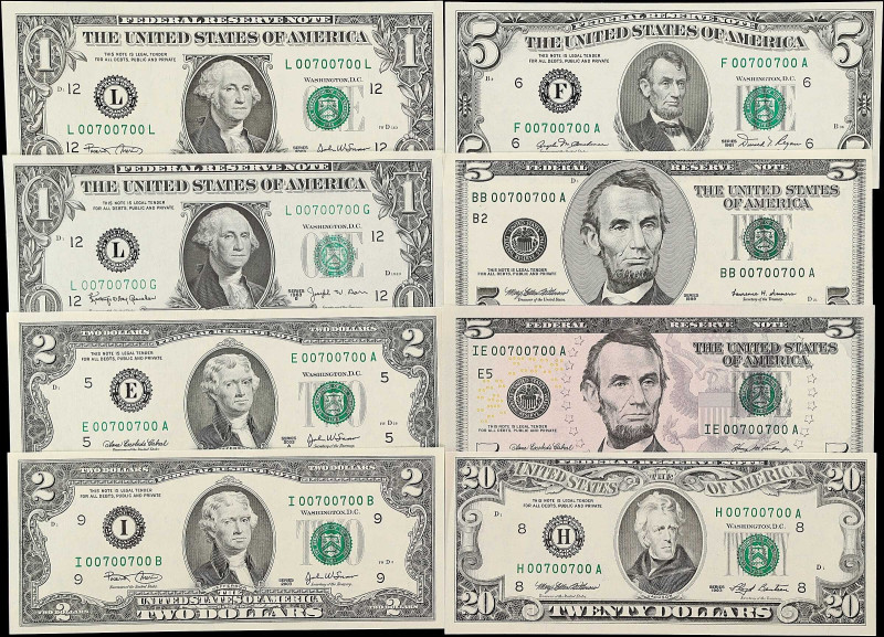 Lot of (11). 1963B-2006 $1, $2, $5 & $20 Federal Reserve Notes. Choice Uncircula...