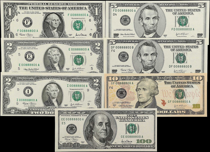 Lot of (7). 2001-04A $1, $2, $5, $10 & $100 Federal Reserve Notes. Choice Uncirc...