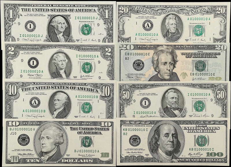 Lot of (9). 1981-2006A $1, $2, $10, $20, $50 & $100 Federal Reserve Notes. Choic...