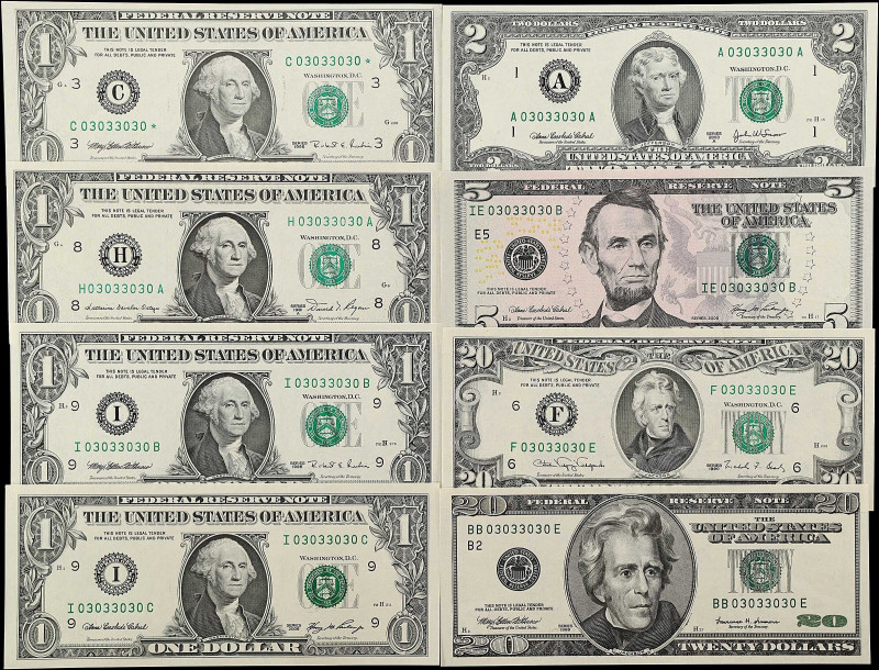 Lot of (9). 1981A-2006 $1, $2, $5 & $20 Federal Reserve Notes. Choice Uncirculat...