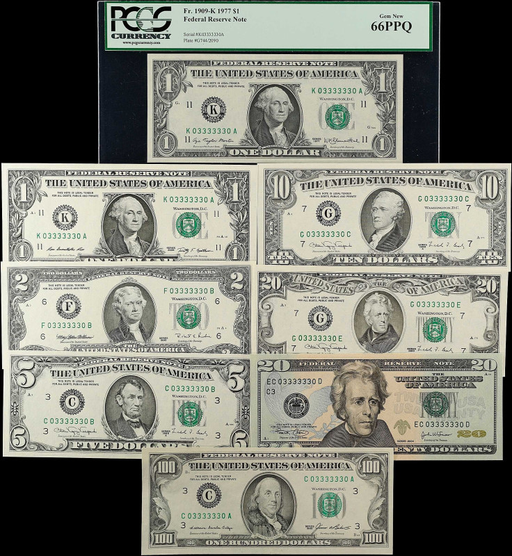 Lot of (10). 1977-2009 $1, $2 $5, $10, $20 & $100 Federal Reserve Notes. Fine to...