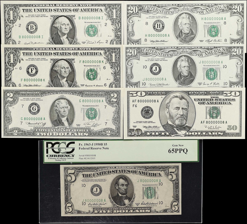 Lot of (7). 1950B-99 $1, $2, $5, $20 & $50 Federal Reserve Notes. Uncirculated t...