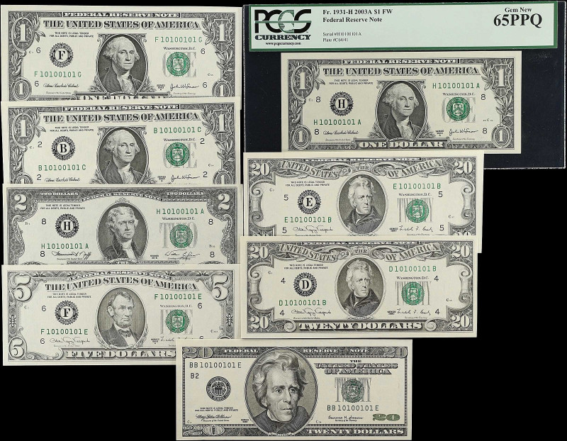 Lot of (8). 1976-2003A $1, $2, $5 & $20 Federal Reserve Notes. Choice Uncirculat...