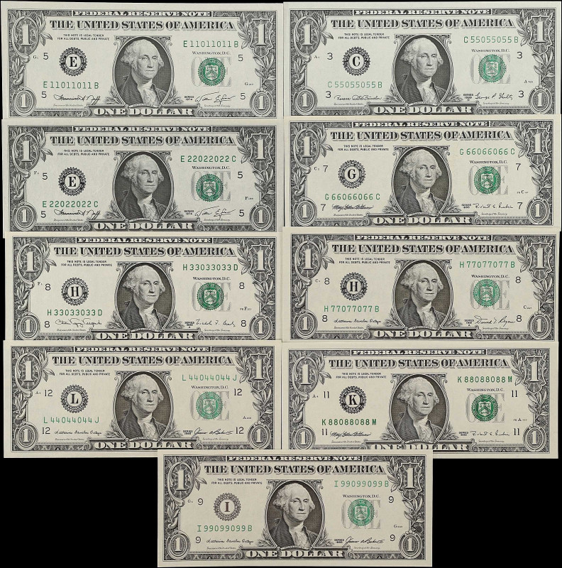 Lot of (9). 1969D-95 $1 Federal Reserve Notes. Uncirculated to Gem Uncirculated....