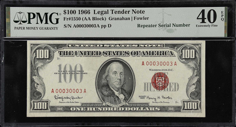 Fr. 1550. 1966 $100 Legal Tender Note. PMG Extremely Fine 40 EPQ. Repeater Seria...