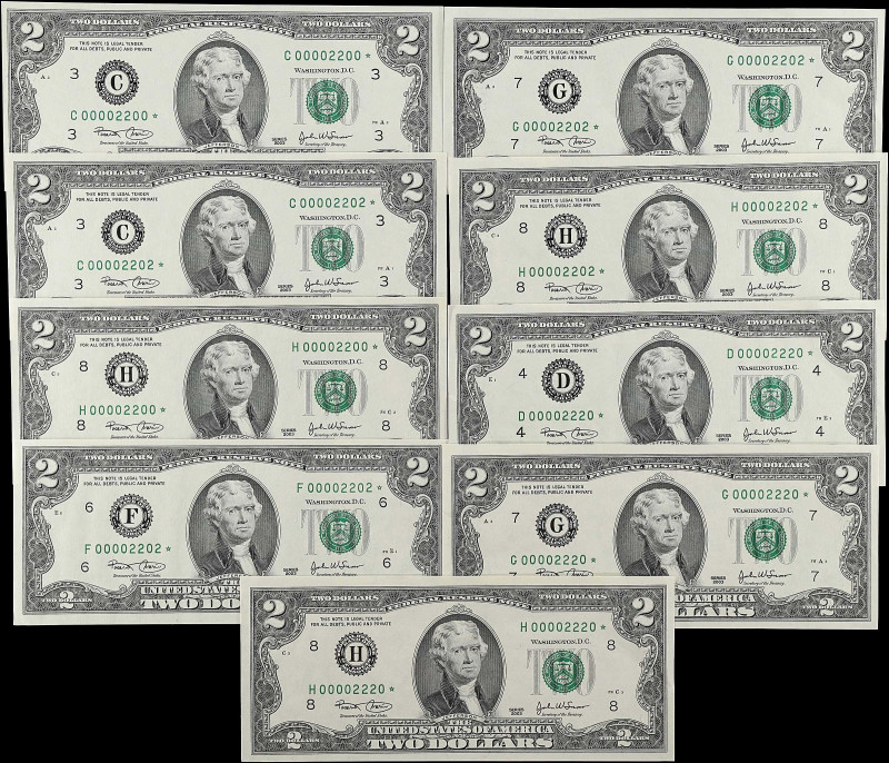 Lot of (9). 2003 $2 Federal Reserve Star Notes. Choice Uncirculated to Gem Uncir...