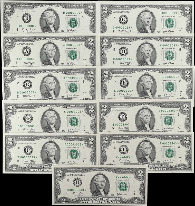 Lot of (11). 2003 $2 Federal Reserve Star Notes. About Uncirculated to Gem Uncir...