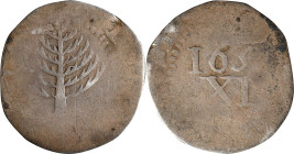 1652 Pine Tree Shilling. Large Planchet. Noe-14, Salmon 14-X, W-790. Rarity-6. Without Pellets at Trunk. Very Good.
34.41 grains. A rare survivor of ...
