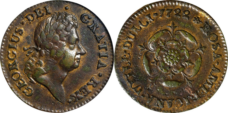 1722 Rosa Americana Penny. Martin 2.23-C.6, W-1264. Rarity-4. UTILE DULCI. AU-55...