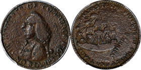 1766 Pitt Farthing Token. Betts-520, W-8345. Brass. VF Details--Excessive Corrosion (PCGS).
56.7 grains. This dark earthen-brown piece is quite rough...
