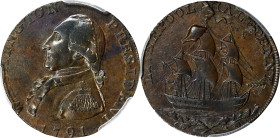 1791 Washington Liverpool Halfpenny. Musante GW-19, Baker-17, W-10650. Copper. Lettered Edge. AU-55 (PCGS).
Frosty golden-brown with blushes of steel...