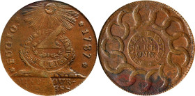 1787 Fugio Cent. Pointed Rays. Newman 8-X, W-6750. Rarity-3. STATES UNITED, 4 Cinquefoils. AU-58 (PCGS).
Mostly golden-brown surfaces with sharp stri...