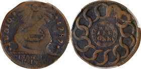1787 Fugio Cent. Pointed Rays. Newman 10-G, W-6700. Rarity-5. UNITED STATES, 1/Horizontal 1. VG-10 (PCGS).
Dark charcoal-copper fields are microscopi...