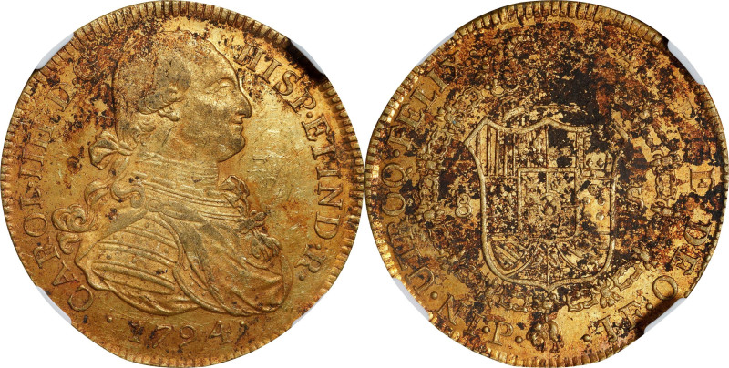 COLOMBIA. Charles IV. 1794-P JF 8 Escudos. Popayan Mint. Fr-52, KM-62.2, Cal-Typ...