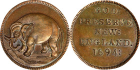 "1694" (1860s) New England Elephant Token. Robinson Copy. Kenney-5, W-15200. Copper. Choice Mint State.
A stunningly beautiful example, virtually a f...