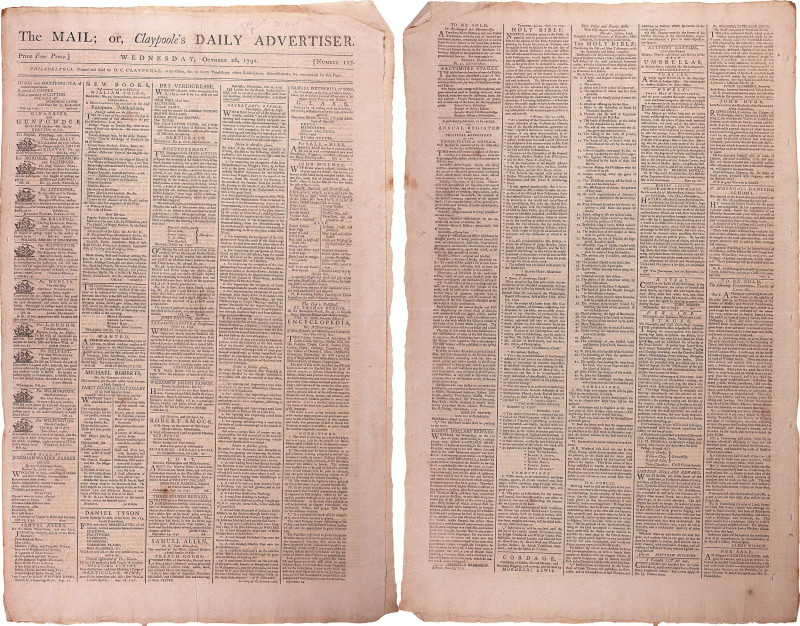 Philadelphia, Pennsylvania. The Mail or Claypoole's Daily Advertiser Newspaper w...