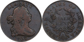 1802/0 Draped Bust Half Cent. C-2. Rarity-3. Second Reverse (a.k.a. Reverse of 1802). Fine-12 (PCGS).
Handsome circulated quality for this fabled key...