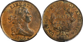 1806 Draped Bust Half Cent. C-4. Rarity-1. Large 6, Stems to Wreath. AU-58 (PCGS). CAC.
A handsome, fully original piece with blushes of olive-gray p...