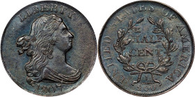 1807 Draped Bust Half Cent. C-1, the only known dies. Rarity-1. AU-58 (PCGS). CAC.
An evenly patinated, teal-steel-brown survivor that comes down to ...