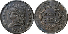 1811 Classic Head Half Cent. C-2. Rarity-3-. Close Date. AU Details--Scratch (PCGS).
A second more affordable AU offering for this fabled half cent i...