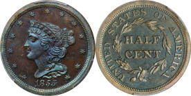 1855 Braided Hair Half Cent. C-1, the only known dies. Rarity-5 as a Proof. Proof-64 BN (PCGS).
Vivid cobalt blue and antique gold undertones backlig...