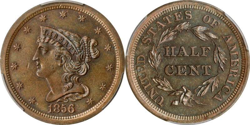 1856 Braided Hair Half Cent. B-1. Rarity-7. Proof-63 BN (PCGS).
This is an aest...