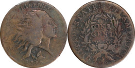 1793 Flowing Hair Cent. Wreath Reverse. S-6. Rarity-3. Vine and Bars Edge. VG Details--Scratch (PCGS).
Slightly granular golden-brown and steely-copp...