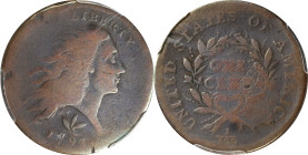 1793 Flowing Hair Cent. Wreath Reverse. S-9. Rarity-2. Vine and Bars Edge. Good-4 (PCGS).
This well worn example retains sufficiently bold detail to ...