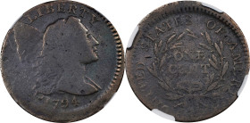 1794 Liberty Cap Cent. S-71. Rarity-2. Head of 1795. Struck Off Center. VG Details--Cleaned (NGC).
An interesting piece that was struck slightly off ...