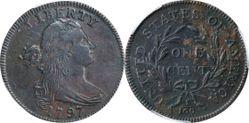1797 Draped Bust Cent. S-120B. Rarity-2. Reverse of 1795, Gripped Edge. EF Details--Environmental Damage (PCGS).
The purpose of the Gripped Edge on t...