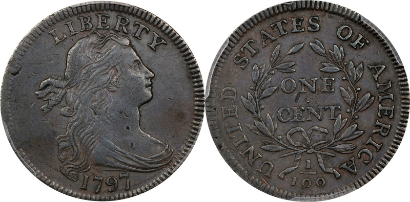 1797 Draped Bust Cent. S-139. Rarity-1. Reverse of 1797, Stems to Wreath. EF-45 ...