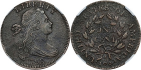 1798/7 Draped Bust Cent. S-152. Rarity-2. AU Details--Corrosion (NGC).
Lightly cracked from rim to ribbon, diagnostic for S-152, and the most accessi...