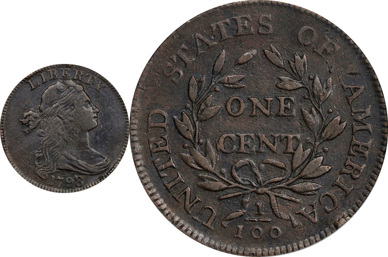 1798/7 Draped Bust Cent. S-152. Rarity-2. EF-40 (PCGS).
Deep steel-brown with b...