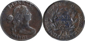 1801 Draped Bust Cent. S-219. Rarity-2. 3 Errors Reverse. EF Details--Corrosion Removed (PCGS).
This is the most dramatic of the blundered reverse di...