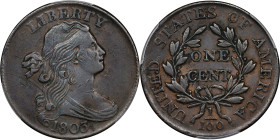1803 Draped Bust Cent. S-258. Rarity-1. Small Date, Large Fraction. EF-45 (PCGS).
A richly detailed steel-brown large cent. lighter accents are noted...