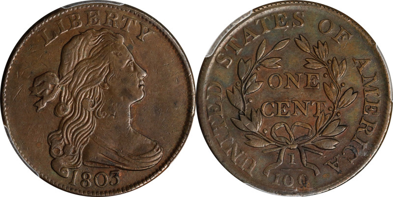 1803 Draped Bust Cent. S-260. Rarity-1. Small Date, Large Fraction. EF-45 (PCGS)...