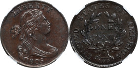 1805 Draped Bust Cent. S-267. Rarity-1. MS-62+ BN (NGC).
Glossy and very appealing. The obverse is rich mahogany-brown with a touch of autumn-orange,...
