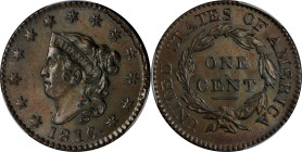 1816 Matron Head Cent. N-2. Rarity-1. MS-64 BN (PCGS). CAC.
A beautiful example of this date and variety. Frosty luster encircles pleasing deep golde...