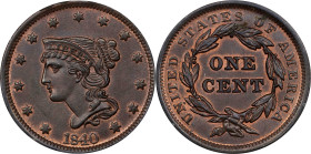1840 Braided Hair Cent. N-5. Rarity-1. Large Date. MS-64 RB (PCGS). OGH Rattler.
Traces of original mint color remain in the protected areas of the d...