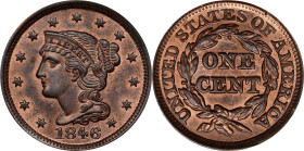 1846 Braided Hair Cent. N-3. Rarity-2. Small Date. MS-65 RB (PCGS). CAC.
This beautiful example exhibits plenty of vivid rose-red mint color on lustr...