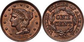 1847 Braided Hair Cent. N-10. Rarity-3+. MS-65 RB (PCGS).
This frosty Gem is sharply struck apart from trivial and not uncommon softness affecting th...