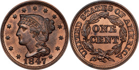 1847 Braided Hair Cent. N-24, 25, 9. Rarity-1. MS-65 RB (PCGS). CAC.
An exceptionally well produced 1840s cent with bold to sharp definition througho...